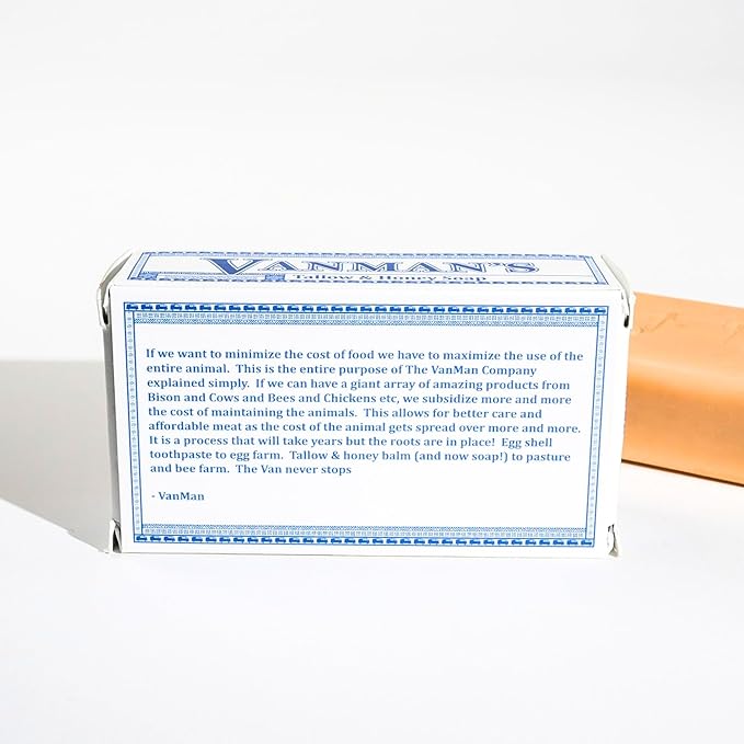 VanMan Beef Tallow and Honey Bar Soap – Pure Grass-Fed Beef Tallow for Skin with Raw Honey & Distilled Water, Unscented Soap, Hydrating & Nourishing, Clean Ingredients, 3.8oz - 1 Pack