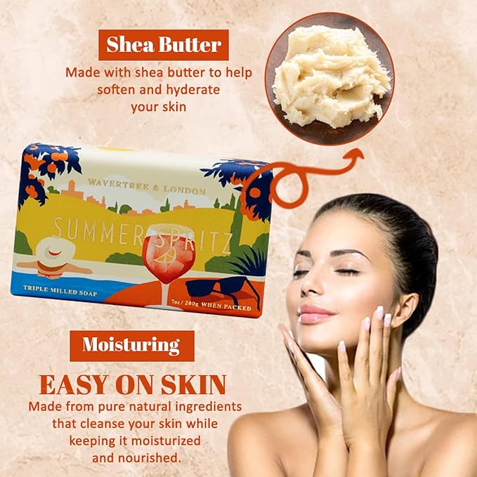 Wavertree & London Summer Spritz Scented Natural Soap (8 Bars), 7oz Moisturizing French Triple Milled Soap Bars enriched with shea butter - Pure Plant Oil Bath & Body Bars for All Skin Types