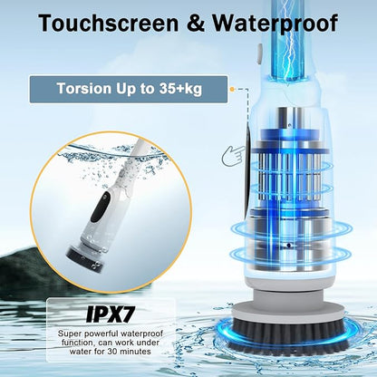 Electric Spin Scrubber, 2025 Upgraded Cordless Bathroom Scrubber, Aluminum Alloy Telescopic Handle, Shower Cleaner Brush with LED Display, 3 Speeds, 8 Brush Heads, IPX7 Bathtub Electric Cleaning Tool