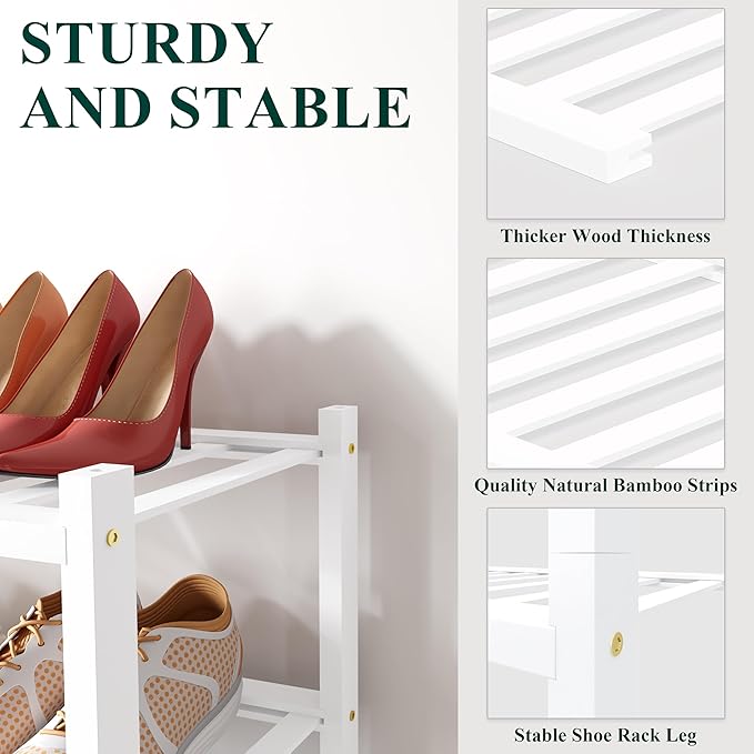 Smiry Bamboo Shoe Rack for Closet, 2 Tier Small Wooden Stackable Shoe Organizer, Free Standing Shoes Storage Shelf for Entryway, Front Door Entrance, White