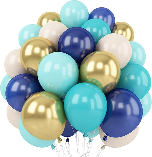 Balloon Teal and Gold, 60 Packs 12 Inch Teal Mint Green Metallic Chrome Gold and Navy Blue Balloons for Baby Shower Birthday Anniversary Communion Wedding Graduation Decorations