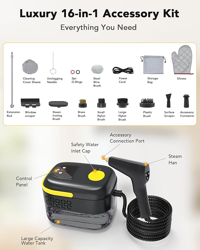Handheld Steam Cleaner for Home, Portable Steamer for Cleaning with 6-Level Adjustable Handle, 1.47Qt Tank, 15s Heat-Up, 185" Reach & 16 Accessories – Clean Dirt, Car, Grout, Tile, Floor, Grease