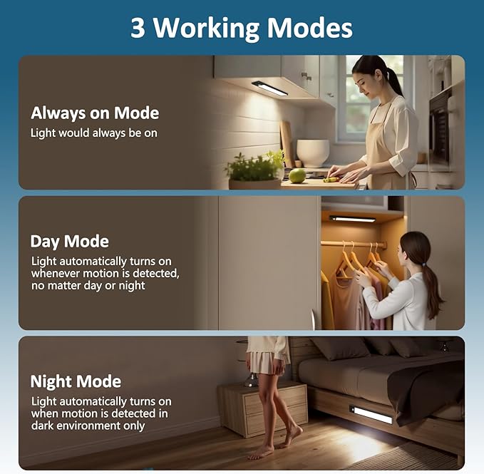 Ascher 10.2inch Under Cabinet Lights, 2000mAh Rechargeable Motion Sensor Light Indoor, 3 Color Temperatures & Stepless Dimmable Closet Lights, Magnetic Under Counter Light for Kitchen, Black - 2 Pack