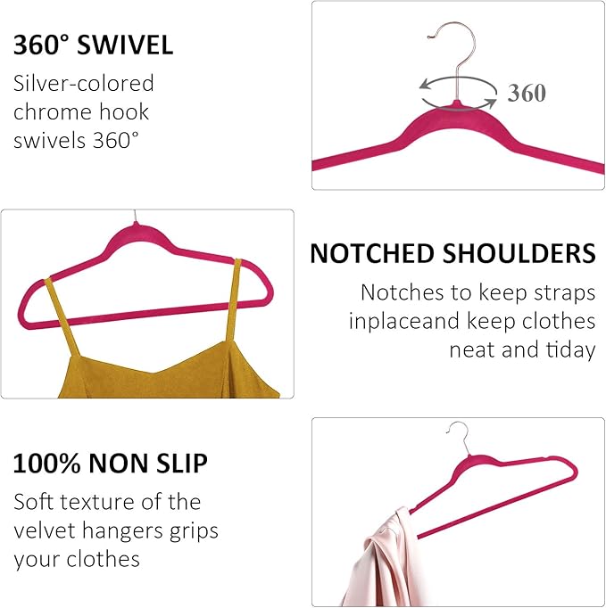 VECELO Premium Velvet Clothes Hangers Suit Heavy Duty (25 Pack)-Non Slip & Space-Saving with 6 Finger Clips & Tie Rack Excellent for Men and Women，Rose