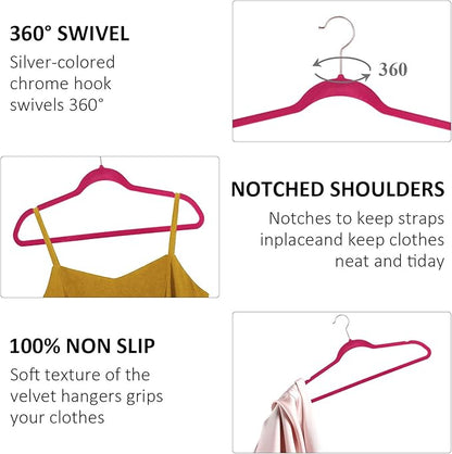 VECELO Premium Velvet Clothes Hangers Suit Heavy Duty (25 Pack)-Non Slip & Space-Saving with 6 Finger Clips & Tie Rack Excellent for Men and Women，Rose