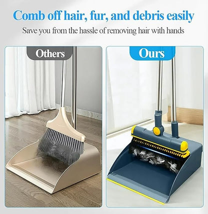 Broom and Dustpan Set 50" Long Handle Foldable Stand Up Broom and Dustpan with Comb Teeth for Indoor & Outdoor Sweeping Home Dog Cat Pets (Blue)
