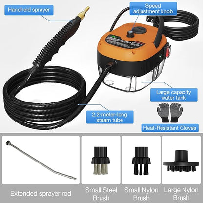 Handheld Steam Cleaner，2500W Hand-Held High Pressure Portable Cleaning Machine with 3 Brush, High Temperature Steamer for Home Use, Kitchen, Furniture, Bathroom, Car (Orange)