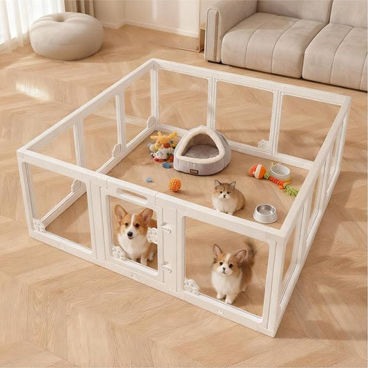 WICHEMI Portable Dog Playpen with Double Door Lock, 23.6" H Puppy Play Pen for Indoors, Portable Playpen with Suction Cup for Puppy Cat Rabbit Ferret, 12 Panels White