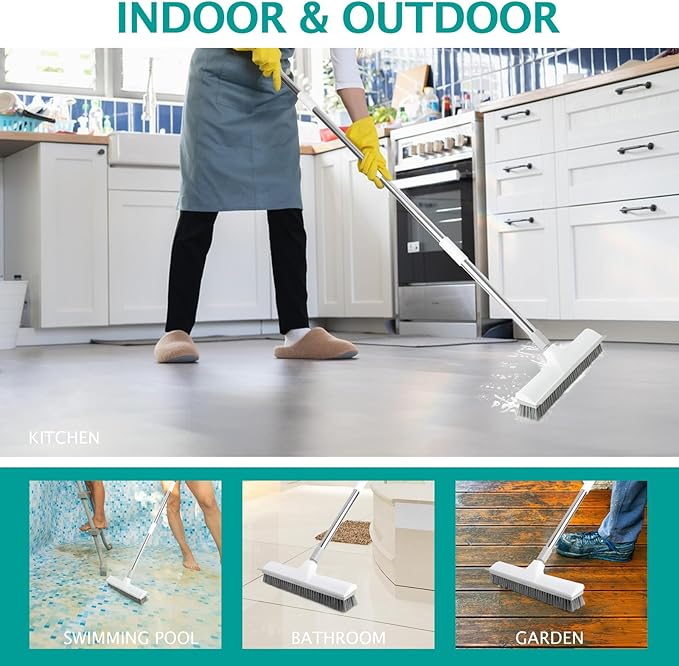 Floor Brush, 2-in-1 Scraping Brush,with 59.8" Long-Handled Adjustable Floor Brush, Suitable for Cleaning Kitchen, Bedroom, Shower Room, Floor, Tile Patios, Outdoor Patio, Terrace (White)