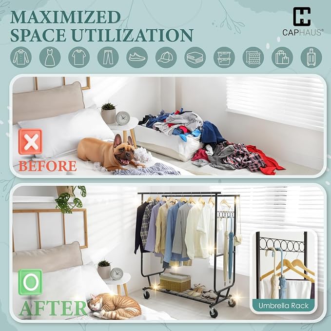 CAPHAUS Heavy Duty Clothes Rack with Double Rods, 660LBS Capacity Rolling Clothing Rack for Hanging Clothes, Adjustable Metal Wardrobe Rack, Garment Rack with Shelf, Wheels, Extendable Rods, Black