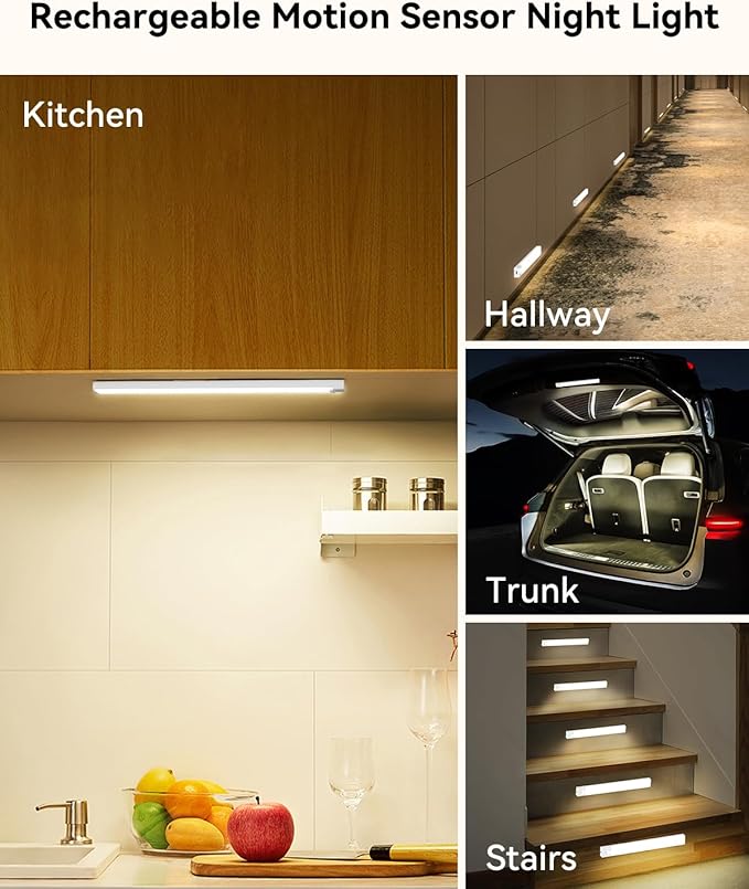 6 Packs Under Cabinet Lighting with Charging Station 12 Inches, Rechargeable Motion Sensor Light Indoor, 3 Color Dimmable Closet Light, USB Led Stick on Under Counter Lights for Kitchen Shelf