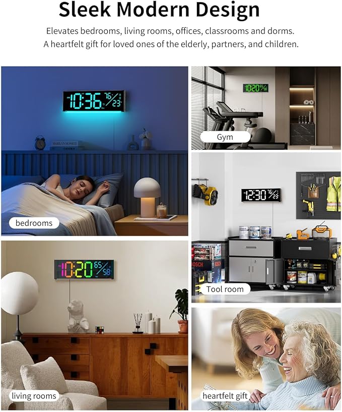 Digital Wall Clock, Large Display Digital Clock with 11 RGB Colors, Wall Clock with Night Light, Alarm Clock, Date, Week, Temp, DST for Living Room, Bedroom, Classroom Decor, Gift for Senior Mom Dad