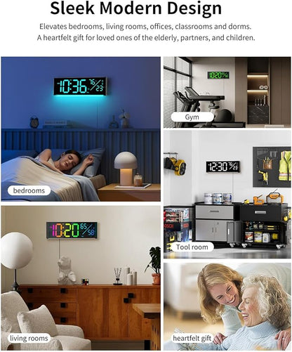 Digital Wall Clock, Large Display Digital Clock with 11 RGB Colors, Wall Clock with Night Light, Alarm Clock, Date, Week, Temp, DST for Living Room, Bedroom, Classroom Decor, Gift for Senior Mom Dad