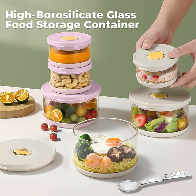 Glass Food Storage Containers with Airtight Lids, 33.8oz & 11.8oz High-Borosilicate Glass Meal Prep Containers with Spork, Bento Lunch Boxes for Salad, Ramen, Soup, Fruit - 4 Pack, Pink/White