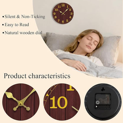 Wall Clock Battery Operated 8 Inch Brown Silent Non Ticking Country Rustic Design Vintage Retro Decorative for Bathroom Kitchen Bedroom