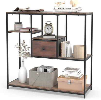 Giantex 40” Narrow Console Table, Modern Sofa Table with Open Storage Shelves and Removable Drawer, Skinny Behind Couch Tables, Long Entrway Tables for Living Room, Foyer, Hallway (Rustic Brown+Black)