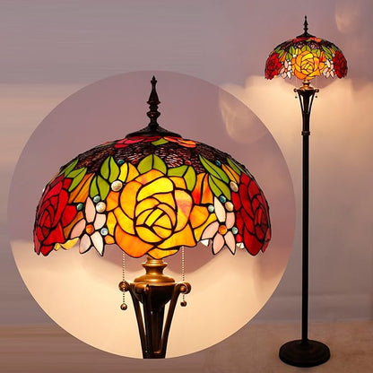 Tiffany Floor Lamp Red Yellow Rose Stained Glass Standing Reading Light 16X16X70 Inches Antique Pole Corner Lamp Decor Bedroom Office Living Room