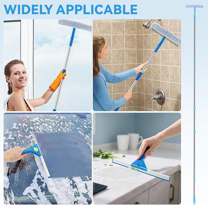 10Ft Window Washing Kit with Extension Pole(Thickened), Window Cleaning Kit with 14" Squeegee & 15" Scrubber (2 Brush Covers), Window Cleaner Tool Washing Equipment for Outdoor High Windows Glass