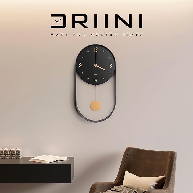 Driini Modern Pendulum Wall Clock - Decorative and Unique Metal Frame, with 8 Inch Face - Contemporary, Minimalist Design, with Silent Battery Operation - Includes Both Black and Gold Pendelum