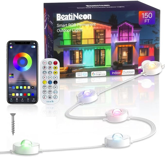 150ft Permanent Outdoor Lights, Smart RGB+IC Eave Lights, 90 Bright LEDs with 75 DIY Scene Modes & 16 Million Colors, Work with Alexa/App, IP68 Waterproof Light for House Christmas Year Round