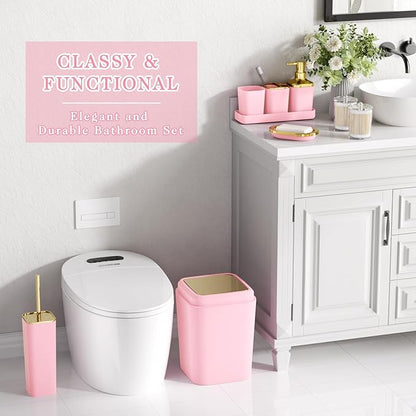 Pink Bathroom Accessories Set, Pink and Gold Bathroom Accessories with Trash Can, Soap Dispenser, Soap Dish, Toothbrush Holder and Q-tip Holders