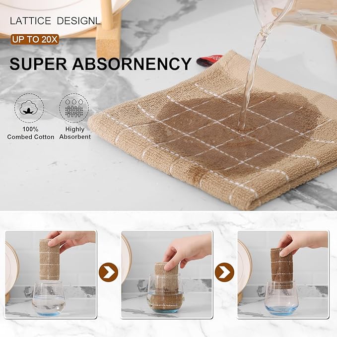 Mordimy 100% Cotton Terrycloth Kitchen Towels and Dishcloths Sets, Soft and Absorbent Checkered Dish Towels, Quick Drying Dish Rags for Washing Dishes, 4 Pack 16" x 26" & 4 Pack 12" x 12", Tan