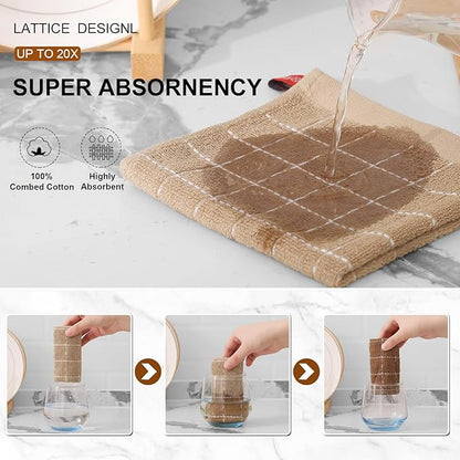 Mordimy 100% Cotton Terry Cloth Dish Cloths, Soft and Absorbent Checkered Dish Towels, Quick Drying Dish Rags for Washing Dishes, 12 Pack, 12 x 12 Inches, Tan