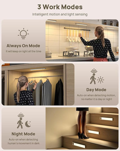 Under Cabinet Lighting with Remote Control,2500mAh USB Rechargeable Motion Sensor Light Indoor,350 Lumen LED Closet Lights,3 Color Temps Wireless Under Counter Lights for Kitchen,Pantry, Stair, 4 Pack