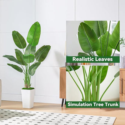 Birds of Paradise Plant Artificial, 5FT Fake Plants Faux Banana Leaf Tree with 10 Banana Leaves, Lifelike Tall Fake Tropical Palm Indoor Silk Floor Plant in Black Pot for House,Office,Room,Home Decor