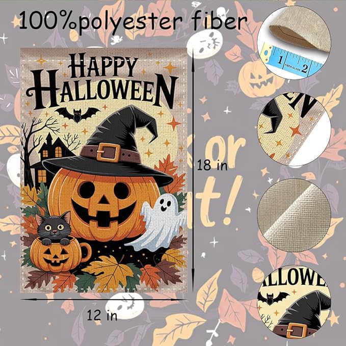 Fokongna Happy Halloween Garden Flag, Cute Pumpkin Ghost Black Cat Garden Flag,Trick or Treat 12x18 Inch Burlap Vertical Double Sided Flags, for Home Yard Outside Decorations
