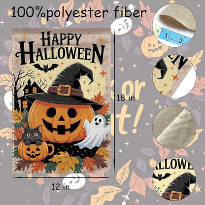 Fokongna Happy Halloween Garden Flag, Cute Pumpkin Ghost Black Cat Garden Flag,Trick or Treat 12x18 Inch Burlap Vertical Double Sided Flags, for Home Yard Outside Decorations