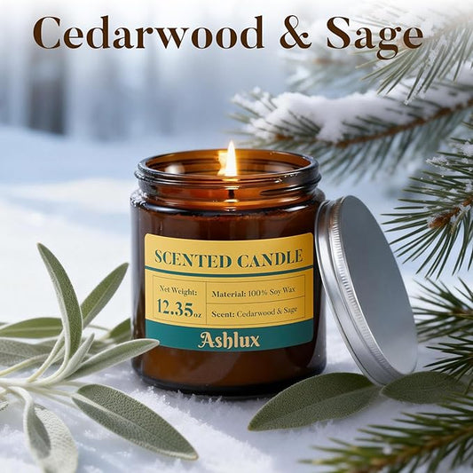 Sage and Cedar Candle for Cleansing,12.35oz Scented Candles with 8% Essential Oils,70 Hour Burn Time Soy Wax Candles for Home Decor,Reading,Jar Candle Gifts for Men and Women