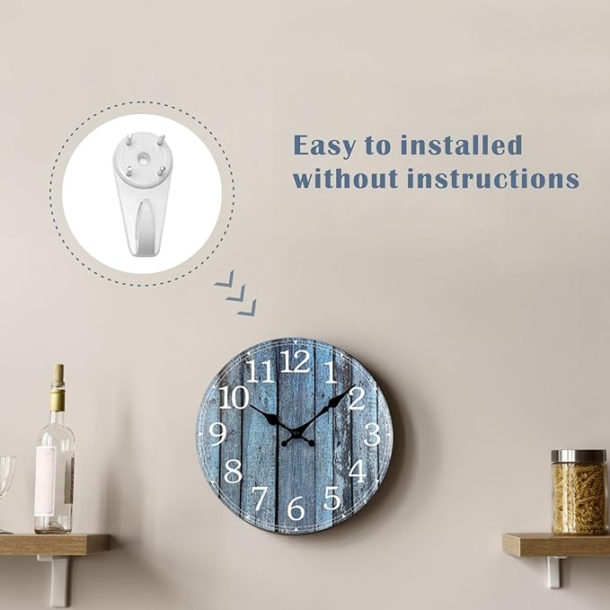 Plumeet Wall Clock, 12'' Frameless Wooden Wall Clocks with Silent Quartz Movement, Rustic Coastal Country Village Clocks Decorative for Kitchen Bedroom Living Room, Blue
