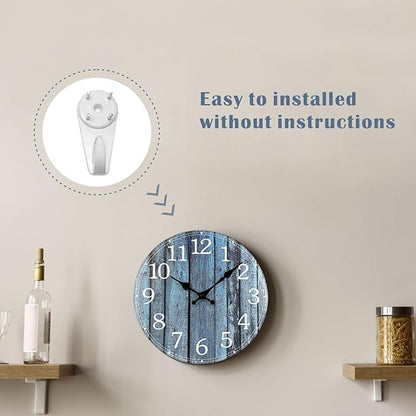 Plumeet Wall Clock, 12'' Frameless Wooden Wall Clocks with Silent Quartz Movement, Rustic Coastal Country Village Clocks Decorative for Kitchen Bedroom Living Room, Blue
