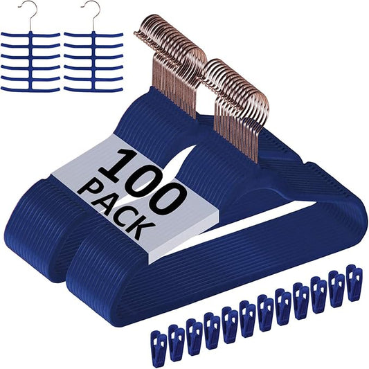 VECELO Premium Velvet Clothes Hangers Suit Heavy Duty (100 Pack)-Non Slip & Space-Saving with 12 Finger Clips & 2Tie Rack Excellent for Men and Women,Blue