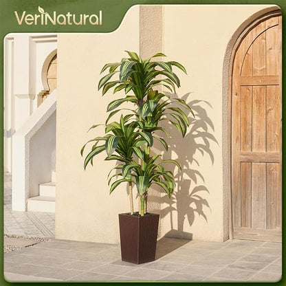 Artificial Dracaena Tree 6FT - UV Resistant Faux Tree with Large Taper Planter & Pebbles - Tall Fake Plants Indoor & Outdoor, Potted Floor Plant for Home Living Room Porch Decor, VN127