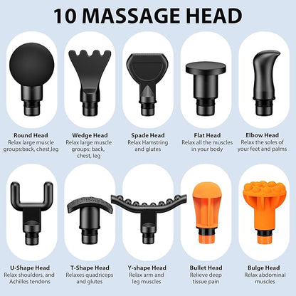 TOLOCO Massage Gun, Upgrade Deep Tissue Back Massager with 10 Replacement Heads, Percussion Massage Guns for Athletes for Pain Relief, Super Quiet Electric Massager for Christmas Gift, Carbon