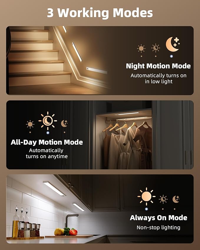 EZVALO 4-Pack Under Cabinet Lighting, 4000mAh Rechargeable Motion Sensor Light Indoor, with Dimmable & 3 Color Temps, Magnetic Closet Lights, Wireless Under Counter Lights for Kitchen (16.5inch)