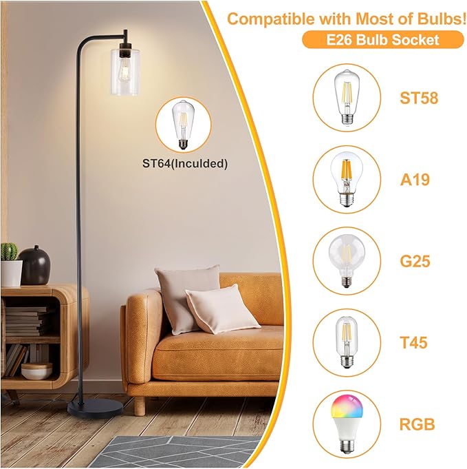 DLLT Floor Lamp Tall for Room: Black Standing Lamp with Seeded Glass Lampshade for Living Room - Modern Bright Lamp for Bedroom - Industrial Corner Floor Lamps for Office 8W Led Bulb Included