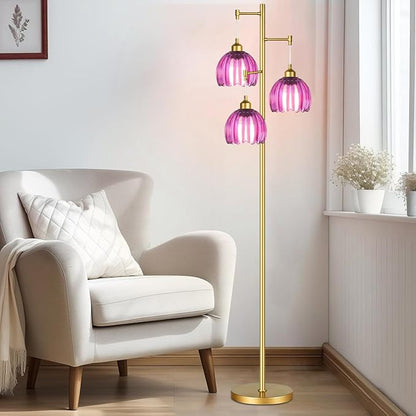 Gold Floor Lamp for Living Room Bedroom-3 Light Modern Floor Lamp with Glass Lampshape, Flower Tall Lamp Glass Standing Lamp Tree Floor Lamps for Living Room Bedroom,Corner