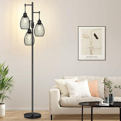 Dimmable Floor Lamp,3x800LM LED Bulbs Included, Farmhouse Industrial Floor Lamp Standing Tree Lamp with Teardrop Cage Head Tall Lamp for Living Room Bedroom Office Dining Room - Black & Marble Base