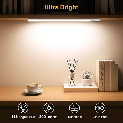 Gritin 14.7inch Under Cabinet Lighting Rechargeable - 128 LED Super Bright, 3-Color&5 Level Brightness, 4 Modes, Motion Sensor, Long Lasting-Easy Installation Magnetic Closet Lights - 2 Pack-Silver