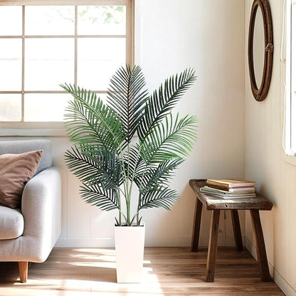 Artificial Areca Palm Tree 5FT Fake Potted Plant Faux Silk Tropical Areca Palm Real Bark Design, Large Artificial Plant in Tall White Pot for Home Living Room House Warming Floor Decor