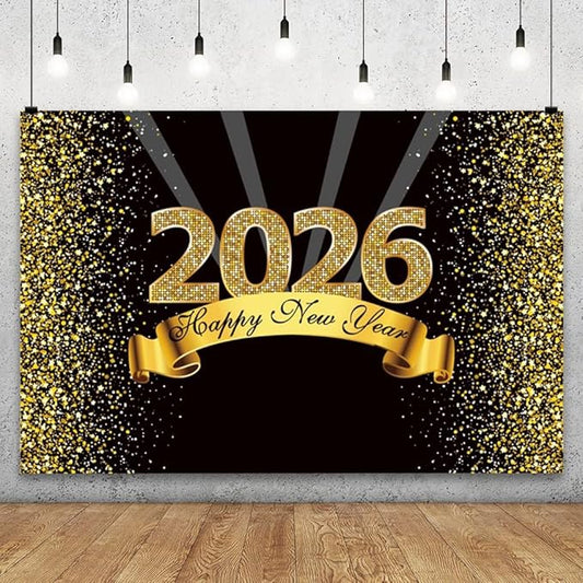 YongFoto 2026 Happy New Year Backdrop 9x6ft Black Gold Photography Background Merry Christmas Night Festival Carnival Celebration Party Banquet Decor Banner Photoshoot Wallpaper Photo Booth