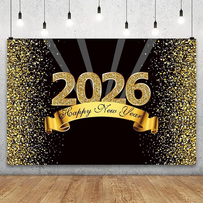 YongFoto 2026 Happy New Year Backdrop 8x6ft Black Gold Photography Background Merry Christmas Night Festival Carnival Celebration Party Banquet Decor Banner Photoshoot Wallpaper Photo Booth