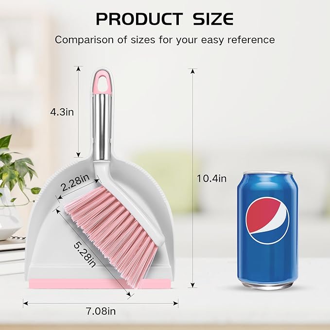 NACENA Mini Broom and Dustpan Set, Small Dust Pan and Brush Set with Handle Dustpan Teeth for Cleaning Hair Suitable for Office Desks Drawers Sofas Outdoor Camping, Pink