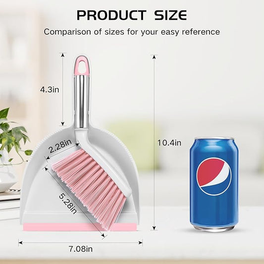 NACENA Mini Broom and Dustpan Set, Small Dust Pan and Brush Set with Handle Dustpan Teeth for Cleaning Hair Suitable for Office Desks Drawers Sofas Outdoor Camping, Pink