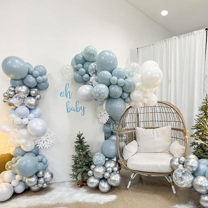 Blue White Balloons, 60 PCS 12 Inch Dusty Light Baby Blue White and Silver Balloon Snowflake Balloons for Winter Baby Boy Shower Decorations Bridal Shower Wedding Birthday Party
