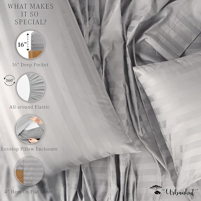 URBANHUT 800 Thread Count Egyptian Cotton Full Size Damask Striped Sheets Set (4 Pc) - Ultra Soft & Smooth, Thick & Crisp Sateen Weave Full Bedsheets, Fits Upto 16" Mattress - Silver Grey
