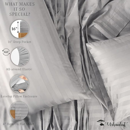 URBANHUT 800 Thread Count Egyptian Cotton Full Size Damask Striped Sheets Set (4 Pc) - Ultra Soft & Smooth, Thick & Crisp Sateen Weave Full Bedsheets, Fits Upto 16" Mattress - Silver Grey